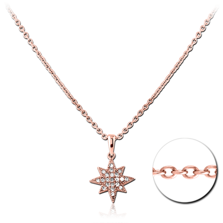ROSE GOLD PVD COATED SURGICAL STEEL NECKLACE STARBURST PENDANT CLEAR CRYSTALS