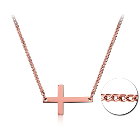 ROSE GOLD PVD COATED SURGICAL STEEL NECKLACE WITH SIDEWAYS CROSS CHARM