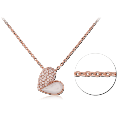 ROSE GOLD PVD COATED SURGICAL STEEL NECKLACE HEART PENDANT PAVE CRYSTALS WHITE INLAY