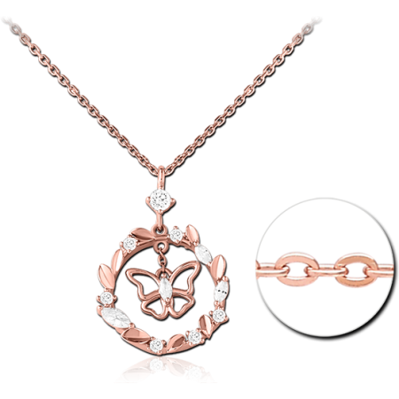ROSE GOLD PLATED STERLING SILVER 925 NECKLACE BUTTERFLY WREATH PENDANT JEWELED
