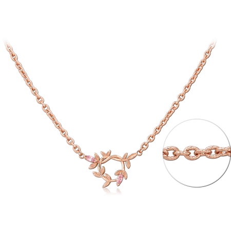ROSE GOLD PLATED STERLING SILVER 925 NECKLACE LAUREL WREATH PENDANT WITH PINK GEMS