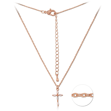 ROSE GOLD PLATED STERLING SILVER 925 NECKLACE CROSS PENDANT WITH CLEAR MARQUISE GEMS