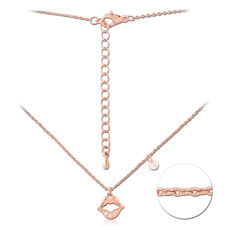 ROSE GOLD PLATED STERLING SILVER 925 NECKLACE LIPS PENDANT WITH CLEAR GEM