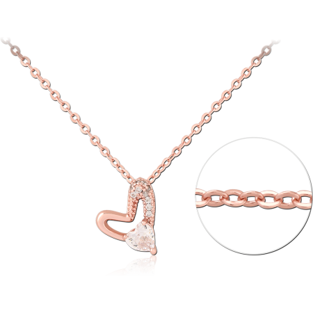 ROSE GOLD PLATED STERLING SILVER 925 NECKLACE ASYMMETRICAL HEART PENDANT WITH CLEAR GEM