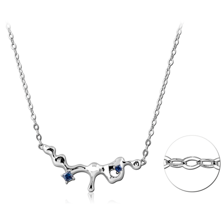 RHODIUM PLATED STERLING SILVER 925 NECKLACE ABSTRACT WAVY PENDANT WITH BLUE STONES