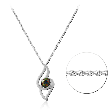 RHODIUM PLATED STERLING SILVER 925 NECKLACE TWISTED PENDANT WITH MULTICOLOR CABOCHON