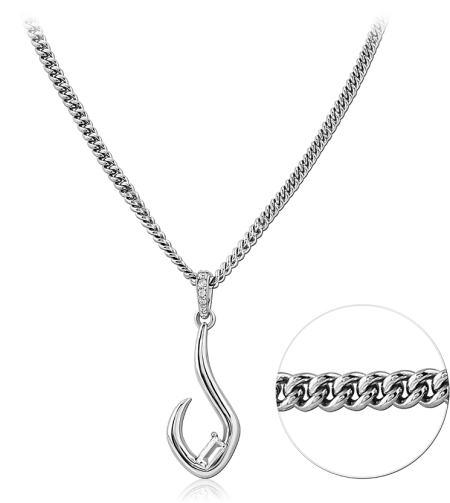 STERLING SILVER 925 NECKLACE FISH HOOK PENDANT WITH CLEAR GEMS