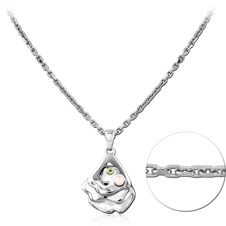 STERLING SILVER 925 NECKLACE ABSTRACT LAYERED PENDANT WITH GREEN GEM AND BEAD