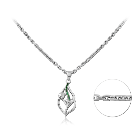 STERLING SILVER 925 NECKLACE LEAF VINE PENDANT WITH GREEN GEMS
