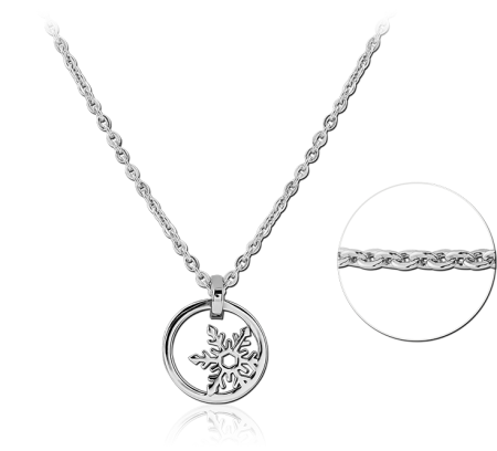 RHODIUM PLATED STERLING SILVER 925 NECKLACE CIRCLE PENDANT WITH SNOWFLAKE