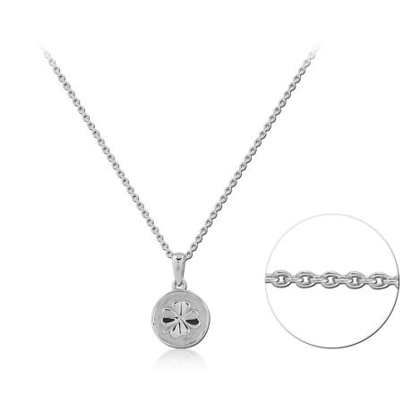 RHODIUM PLATED STERLING SILVER 925 NECKLACE ROUND PENDANT WITH FOUR LEAF CLOVER