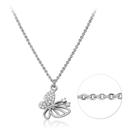 STERLING SILVER 925 NECKLACE OPENWORK BUTTERFLY PAVE CLEAR GEM PENDANT