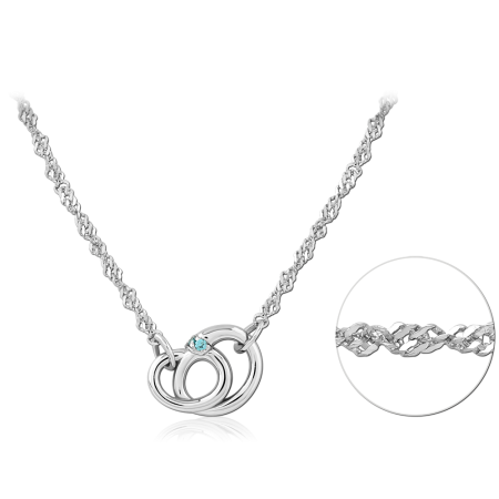 RHODIUM PLATED STERLING SILVER 925 NECKLACE INTERLOCKING HEARTS WITH BLUE STONE