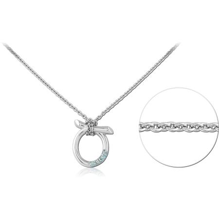 RHODIUM PLATED STERLING SILVER 925 NECKLACE OPEN RING PENDANT WITH BLUE GEMS