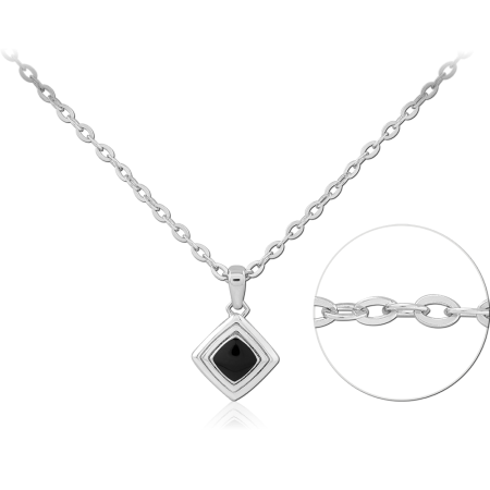 RHODIUM PLATED STERLING SILVER 925 NECKLACE DIAMOND PENDANT WITH BLACK INLAY