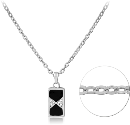 RHODIUM PLATED STERLING SILVER 925 NECKLACE RECTANGLE PENDANT BLACK INLAY CLEAR GEMS