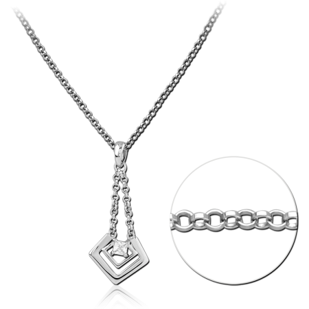 RHODIUM PLATED STERLING SILVER 925 NECKLACE DOUBLE DIAMOND FRAMES WITH CLEAR GEM