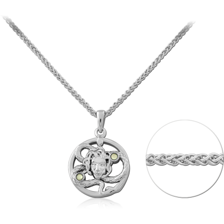 RHODIUM PLATED STERLING SILVER 925 NECKLACE SERPENT MOTIF ROUND PENDANT YELLOW ACCENTS