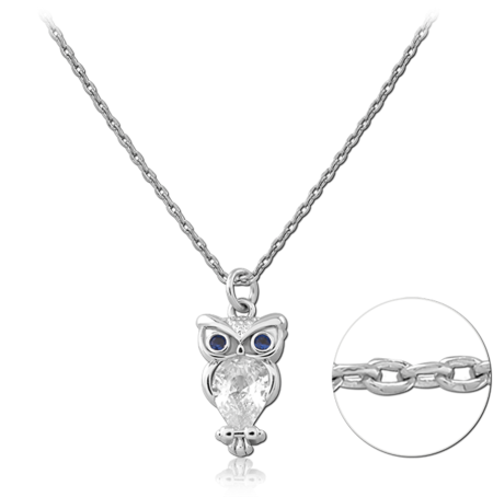 STERLING SILVER 925 NECKLACE OWL BLUE EYES TEARDROP CLEAR GEM PENDANT