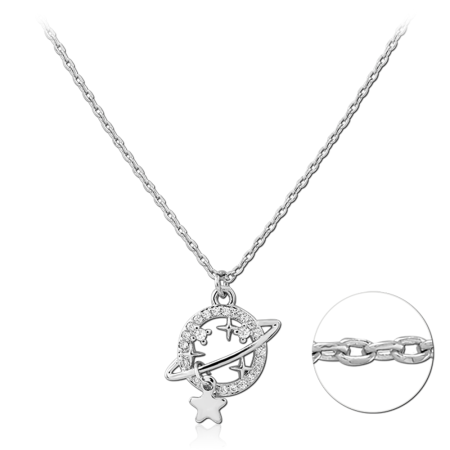 STERLING SILVER 925 NECKLACE JEWELED PLANET RING PENDANT WITH STAR CHARM