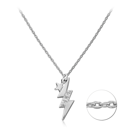 STERLING SILVER 925 NECKLACE JEWELED LIGHTNING BOLT PENDANT WITH STAR CHARM