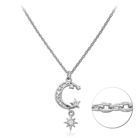 STERLING SILVER 925 NECKLACE JEWELED CRESCENT MOON PENDANT WITH STAR CHARMS