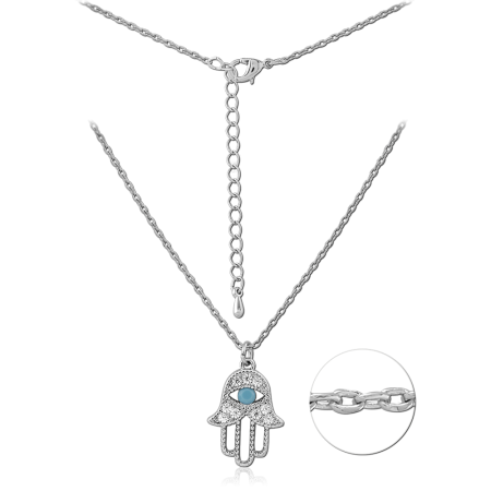 STERLING SILVER 925 NECKLACE JEWELED HAMSA HAND PENDANT WITH BLUE EYE