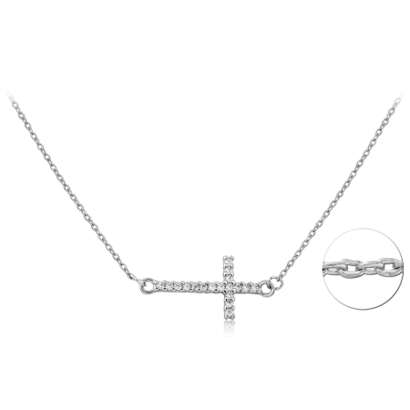 STERLING SILVER 925 NECKLACE JEWELED SIDEWAYS CROSS BAR PENDANT DESIGN