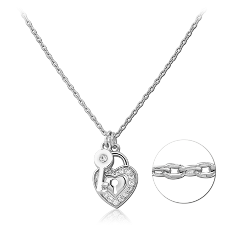 STERLING SILVER 925 NECKLACE JEWELED HEART LOCK PENDANT WITH KEY CHARM