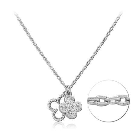 STERLING SILVER 925 NECKLACE JEWELED FOUR LEAF CLOVER PENDANT WITH OUTLINE