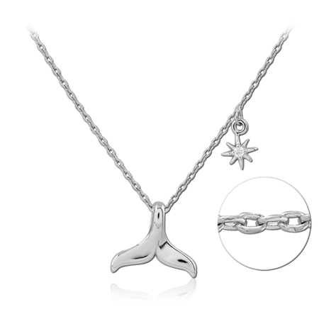 STERLING SILVER 925 NECKLACE POLISHED WHALE TAIL PENDANT WITH JEWELED STAR CHARM