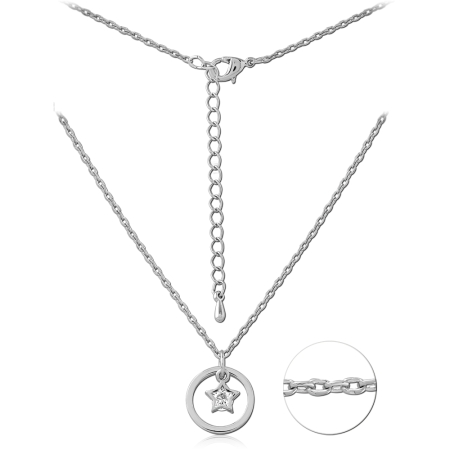 STERLING SILVER 925 NECKLACE WITH JEWELED STAR IN CIRCLE PENDANT CABLE CHAIN