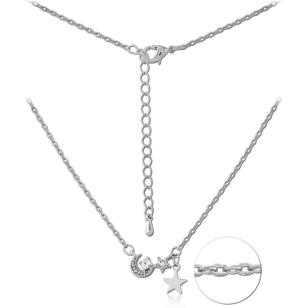STERLING SILVER 925 NECKLACE WITH JEWELED CRESCENT MOON AND STAR CHARMS CABLE CHAIN