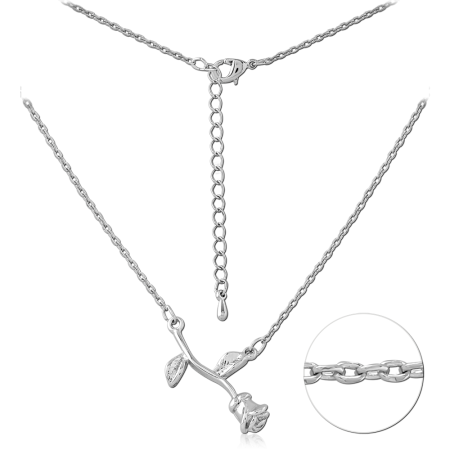 STERLING SILVER 925 NECKLACE WITH STEMMED ROSE PENDANT CABLE CHAIN