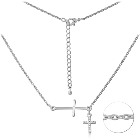 STERLING SILVER 925 NECKLACE WITH HORIZONTAL CROSS AND JEWELED CROSS CHARMS CABLE CHAIN