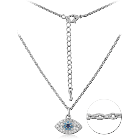 STERLING SILVER 925 NECKLACE WITH JEWELED BLUE EVIL EYE PENDANT