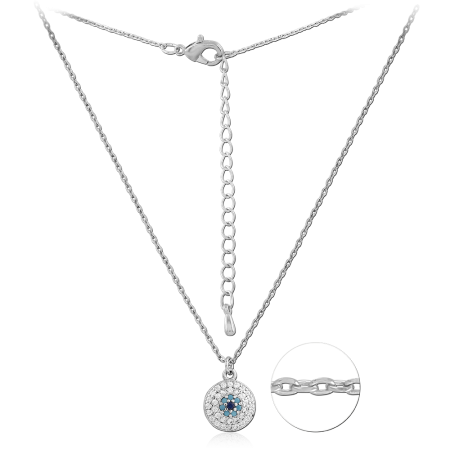 STERLING SILVER 925 NECKLACE ROUND PAVE DISC BLUE AND CLEAR GEMS PENDANT