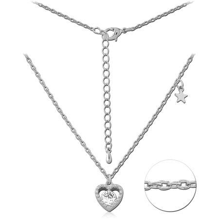 STERLING SILVER 925 NECKLACE HEART HALO PENDANT CLEAR CENTER GEM WITH STAR CHARM
