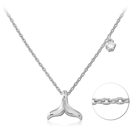 STERLING SILVER 925 NECKLACE WHALE TAIL PENDANT POLISHED FINISH WITH CLEAR CHARM
