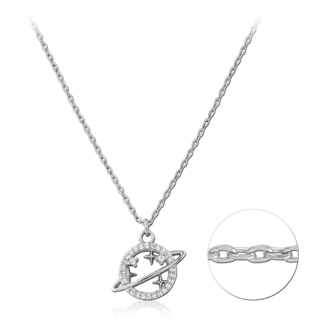 STERLING SILVER 925 NECKLACE SATURN PLANET PENDANT PAVE ACCENTS WITH STAR CUTOUTS