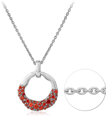 RHODIUM PLATED STERLING SILVER 925 NECKLACE OPEN CIRCLE RED CRYSTAL PAVE