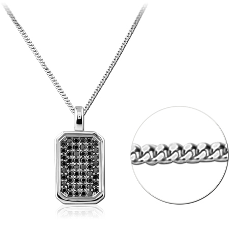 STERLING SILVER 925 NECKLACE RECTANGULAR BLACK GEM PAVE PENDANT CURB CHAIN