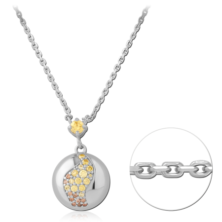 STERLING SILVER 925 NECKLACE ROUND PENDANT WITH YELLOW AND ORANGE GEM ACCENTS CABLE CHAIN