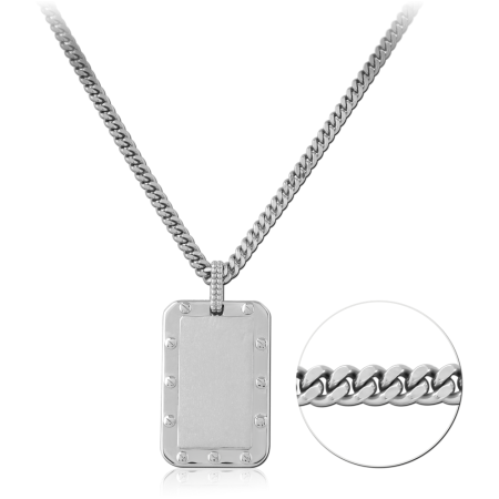 RHODIUM PLATED STERLING SILVER 925 NECKLACE RECTANGULAR TAG RIVET EDGE