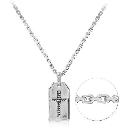 RHODIUM PLATED STERLING SILVER 925 NECKLACE DOG TAG BLACK GEM CROSS
