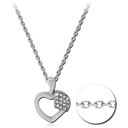 316L SURGICAL STEEL NECKLACE OPEN HEART PENDANT HALF JEWELED DESIGN DETAIL