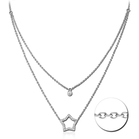 316L SURGICAL STEEL NECKLACE DOUBLE LAYER JEWELED STAR OUTLINE AND SOLITAIRE GEM