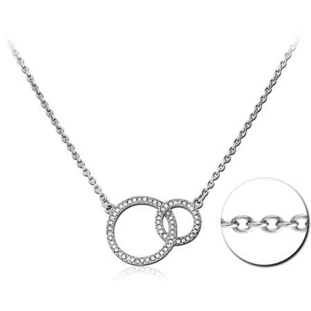 316L SURGICAL STEEL NECKLACE INTERLOCKING CIRCLES PENDANT JEWELED DOUBLE RING DESIGN