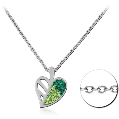 SURGICAL STEEL NECKLACE LEAF PENDANT WITH GREEN GRADIENT CRYSTALS LINK CHAIN