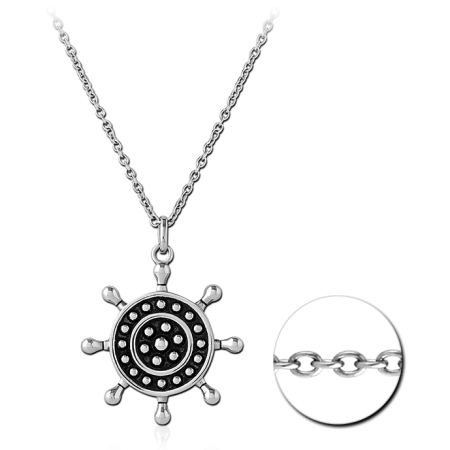 316L SURGICAL STEEL NECKLACE SHIP WHEEL PENDANT WITH ANTIQUED DETAILING
